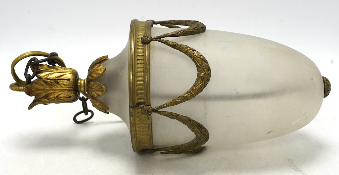 A late 19th/early 20th century ormolu mounts frosted glass hall lamp, 33cm. Condition - fair, not tested